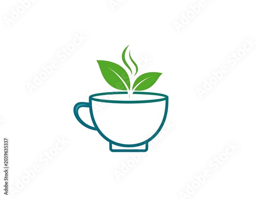 Minimal Green Leaf Tea Cup Icon Isolated on White Background