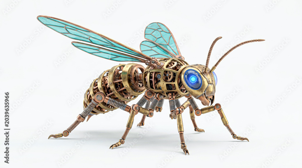 Fototapeta premium Steampunk Robotic Bee with Mechanical Gears and Futuristic AI Design Isolated on White Background