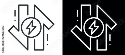 Geometric energy symbol with lightning bolt and arrows in black line art