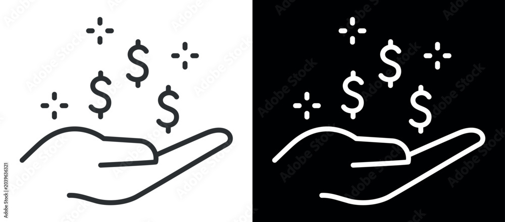 Εκτύπωση καμβά Outline of a hand holding dollar signs with sparkles depicting wealth and genero