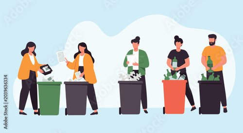 Diverse people actively participating in environmental recycling by placing paper and glass waste into designated bins.
