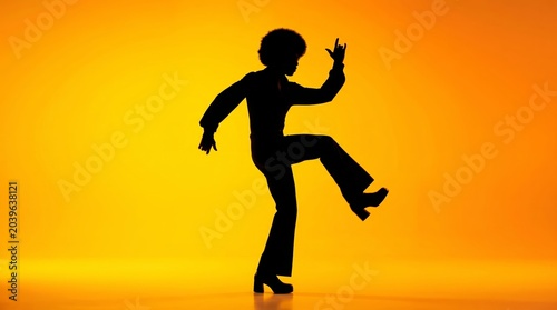 Silhouette of retro style dancer performing energetic moves against a orange background. Concept disco culture, dance, entertainment, music, performance, fashion and nightlife promotion. Generative AI