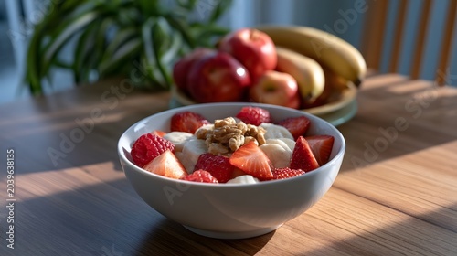 A white bowl filled with fresh strawberries  s and bananas alongside walnuts sits on a wooden surface symbolizing healthy and wholesome food