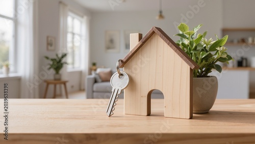 Wooden house-shaped key holder with a key and potted plant on a wooden table in a bright, modern living room with large windows and minimalist decor