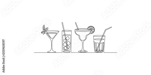 Schilderij op canvas Continuous line drawing of four cocktail glasses with straws and garnishes on a