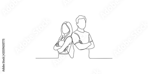 Billede på lærred A minimalist line drawing of a man and woman standing back to back with their ar
