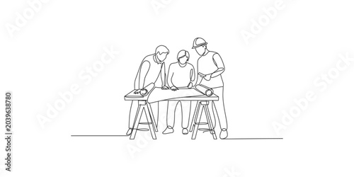 Foto Continuous line drawing of three construction workers collaborating on a bluepri