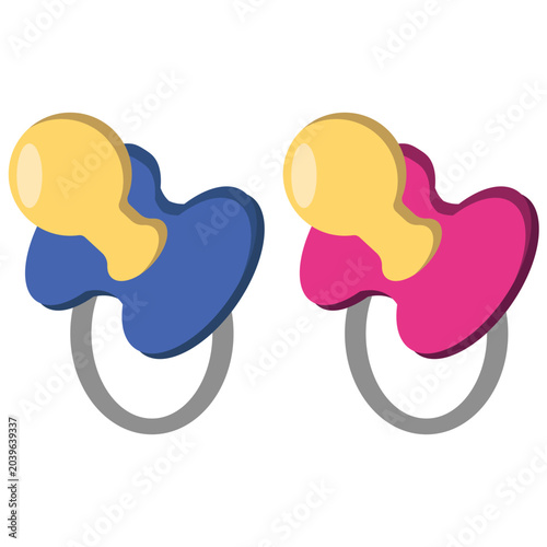 Photos Two cartoon-style baby pacifiers, one blue and one pink, with yellow nipples and grey rings, on a white background