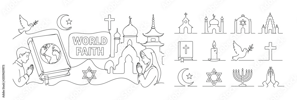 Fototapeta premium World Religion Symbols. Banner composition with 2 people praying respectfully across the full wide canvas, one oversized holy book and one oversized temple silhouette reaching opposite edges, with
