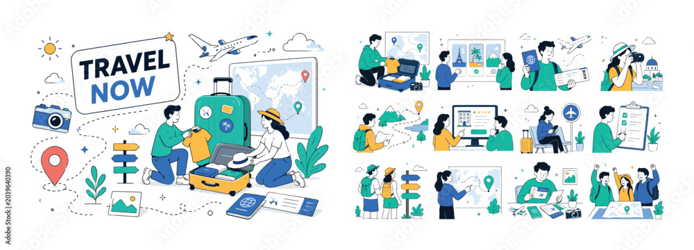 Fototapeta premium Travel Tourism Journey. Clean editorial banner with one main scene about tourism and travel planning: two geometric characters packing near a large oversized suitcase and a big map panel, with small