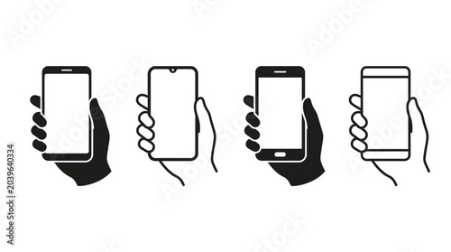 Collection of various modern smartphone devices held in hands as a simple black vector graphic set