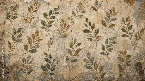 Ancient Wall Painting of Foliage and Leaves in Pompeii Italy.