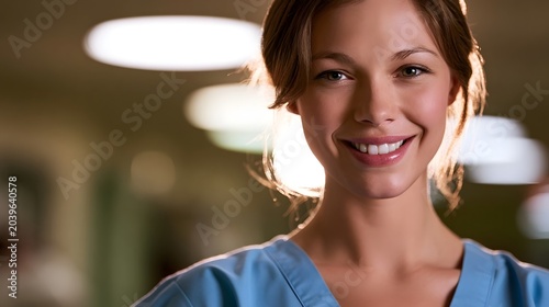 A smiling healthcare professional in soft diffused lighting creates a warm and reassuring portrait