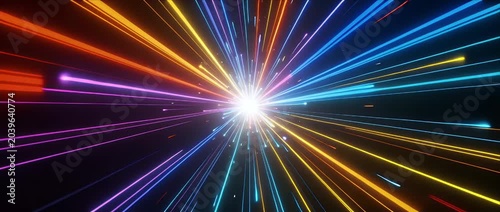 Colorful light beam burst neon energy bright radiant star explosion abstract background, rainbow spectrum beam speed motion neon ray, dynamic vibrant line glow futuristic light burst neon energy