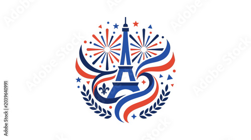 Eiffel Tower Illustration with French Flag Colors and Fireworks.