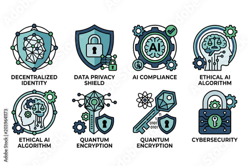 AI Compliance and Cybersecurity Vector Icon Set with Decentralized Identity, Data Privacy Shield, Ethical Algorithm, and Quantum Encryption Keys