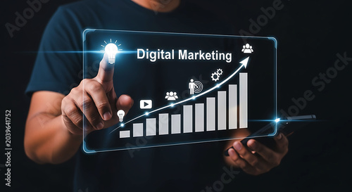 Digital marketing growth concept with businessman touching futuristic interface screen