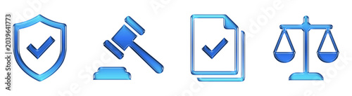 Legal Justice Shield Gavel Document Scales 3D Glossy Gradient Icons Set. Transparent PNG