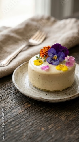 Elegant vanilla dessert with edible flowers
