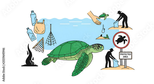 Sea turtle conservation and ocean plastic pollution infographic illustration