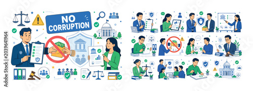 Anti Corruption Set. Clean editorial banner scene about no corruption, transparency, ethics, clean governance, fair decision, and accountability with one oversized crossed-out bribery hand and