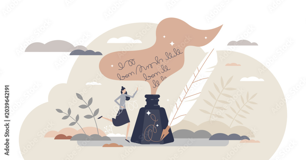 Obraz premium Poetry and literature story writing with ink and feather tiny person concept, transparent background. Author creative handwriting process scene as classic arts and culture illustration.