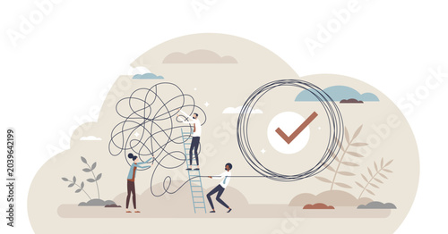 Problem solution as complete difficult and messy task tiny person concept, transparent background. Business problems solved and challenges successfully done with help.