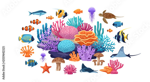 Underwater coral reef scene with colorful tropical fish and sea life