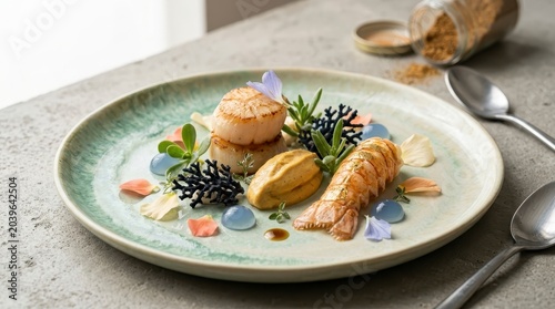 Gourmet seafood dish with seared scallops and lobster tail