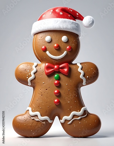 A gingerbread man wearing a Santa hat and a red bow tie
