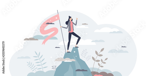 Successful businesswoman as confident female work leader tiny person concept, transparent background. Career professional achievement top and future ambition illustration. Corporate progress peak.