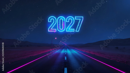 Futuristic 2027 neon light sign over empty asphalt road at night