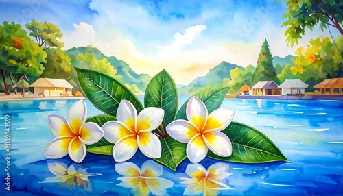 Vibrant Tropical Plumeria Flowers Floating on Blue Lagoon with Lush Green Leaves and Distant Riverside Huts