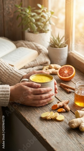 Hands holding golden milk mug on rustic windowsill