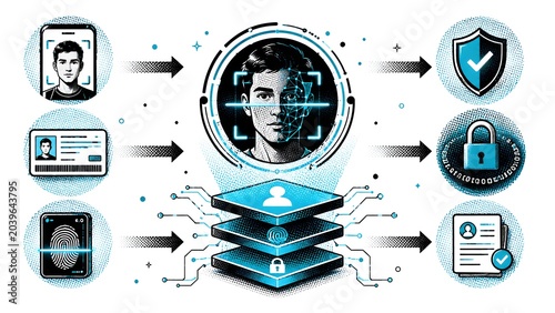 Retro Halftone Digital Identity Verification – Biometric Authentication and Encryption System Illustration