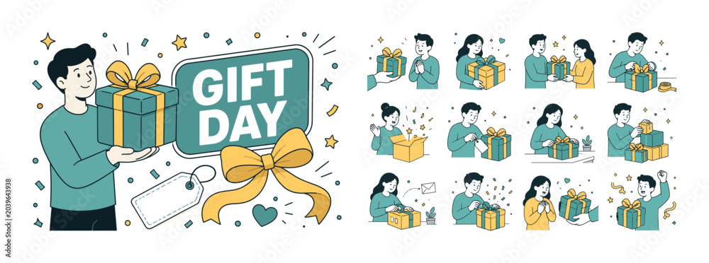 Fototapeta premium Hand Holding Gift. Clean editorial banner with one main present giving scene: a geometric character holding an oversized wrapped gift in an open hand beside a large ribbon bow, with tag shape,