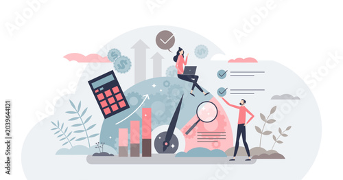 Benchmarking as business compare tool for improvement tiny person concept, transparent background.Performance, quality and cost comparison to competitor companies illustration.