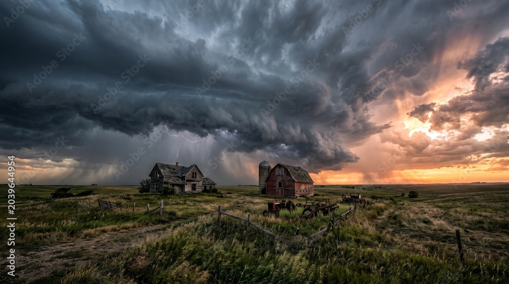 Fototapeta premium Severe Supercell Thunderstorm Over Abandoned Farm at Sunset