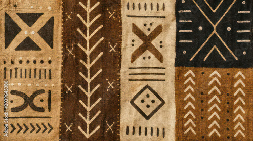 Intricate Mudcloth Textile with Geometric Patterns and Earthy Tones.