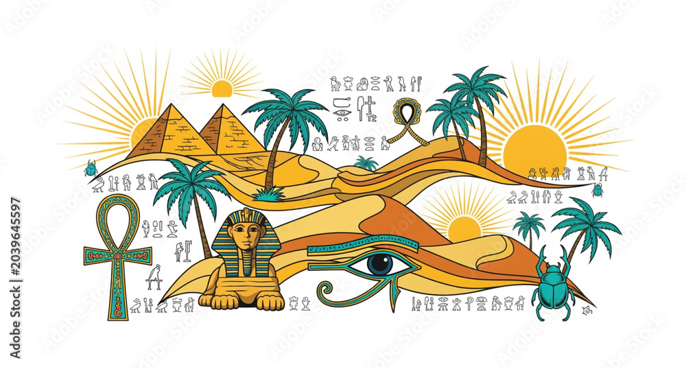 Obraz premium Ancient Egyptian vector collection with desert elements and hieroglyphic symbols