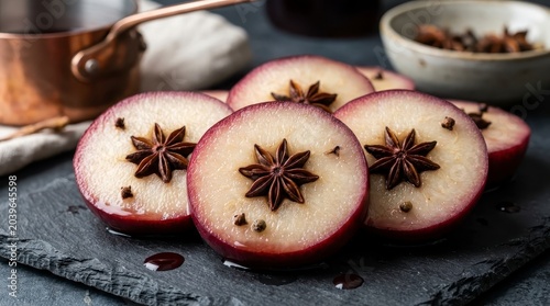 Apple halves with star anise and cloves on slate