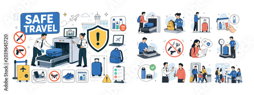 Airport Security Rules. Airport security, baggage restrictions, prohibited items, cabin scanning, liquid limits, electronic devices, travel rules and aviation safety. Clean editorial banner with one