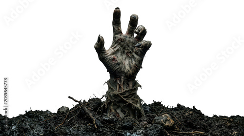 Zombie Hand Rising from Grave Soil, isolated on transparent background