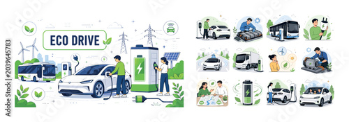Electric Vehicle Transport. Electric car, electric bus, charging station, plug, battery, eco transport, smart car, autopilot and renewable energy. Clean editorial banner with one clean mobility scene: