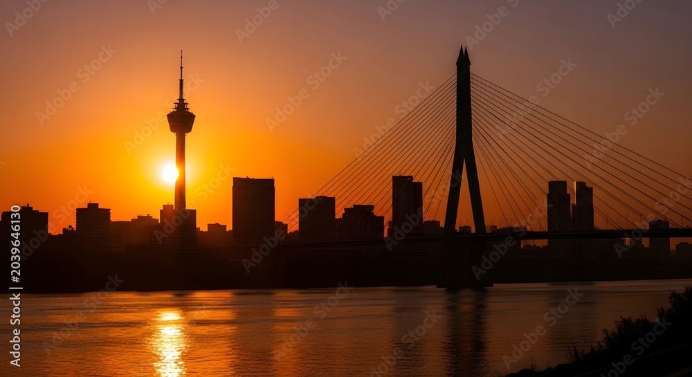 Fototapeta premium City skyline silhouette with bridge and tower at sunset