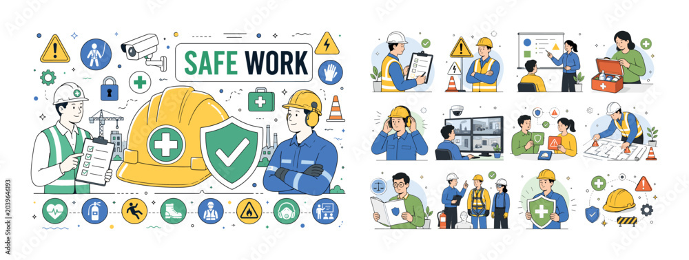 Fototapeta premium Work Safety Set. Clean editorial banner scene about workplace safety, risk management, first aid, security, and training with one oversized hard hat and safety shield stretching edge to edge, one