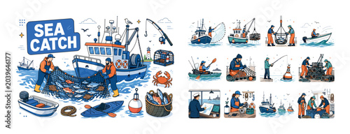 Fishing Vessel Equipment. Fishing vessels, trawler, lobster boat, skiff, kayak, nets, traps, rods, catch hauling and maritime gear. Clean editorial banner with one nautical fishing scene: 2 geometric