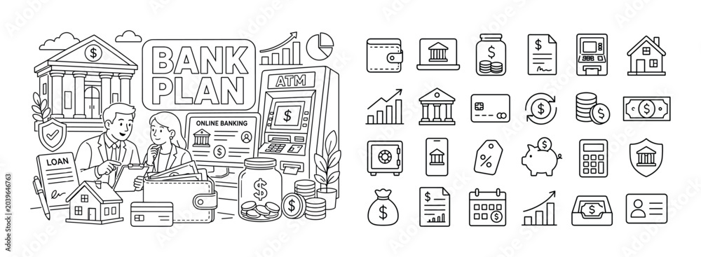 Obraz premium Bank Financial Services. Banner line art composition featuring a banking service scene spread across the full canvas, two bank consultants reviewing an oversized wallet and large online banking