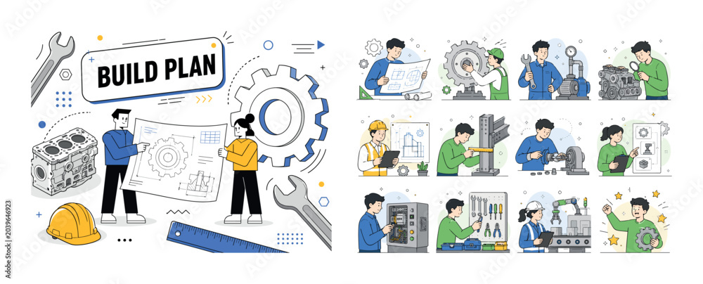 Fototapeta premium Engineering Industrial Tools. Clean editorial banner with one main engineering scene: two geometric characters reviewing an oversized blueprint beside a large mechanical gear, with wrench, helmet,