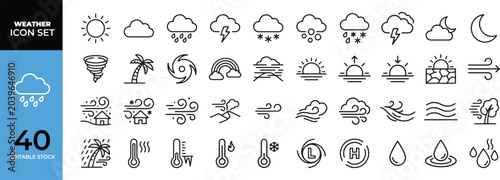 Tableau sur toile Set of forty line art weather forecast icons for meteorological applications wit